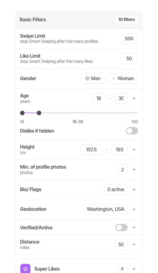 Current VibeMatch Basic Filters interface with the Age control expanded